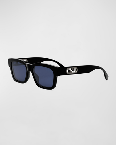 Fendi Men's O'lock Acetate Rectangle Sunglasses In Shiny Black Blue