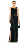 Coperni Asymmetric Mesh-paneled Gown In Black