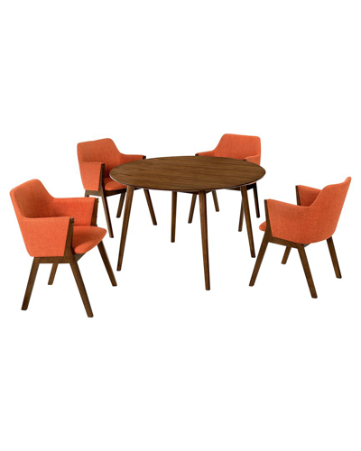 Armen Living Arcadia & Renzo 48in Round Orange & Walnut Wood 5pc Dining Set