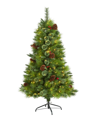 Nearly Natural 5ft Montana Mixed Pine Artificial Christmas Tree With Pine Cones, Berries And Clear L In Green