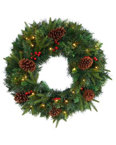 Nearly Natural 24in. Mixed Pine Artificial Christmas Wreath With 35 Clear Led Lights And Berries In Green
