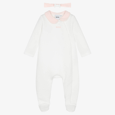 Hugo Boss Boss Girls White & Pink Cotton Babygrow Set