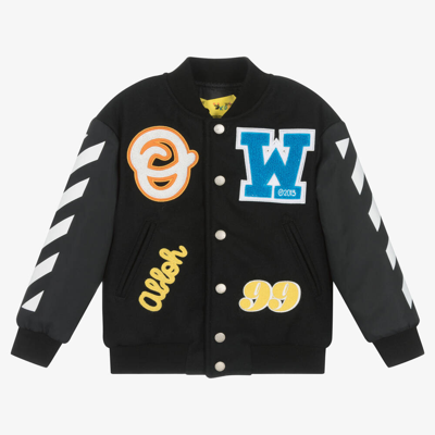 Off-white Kids' Logo Wool-blend Varsity Jacket In Nero