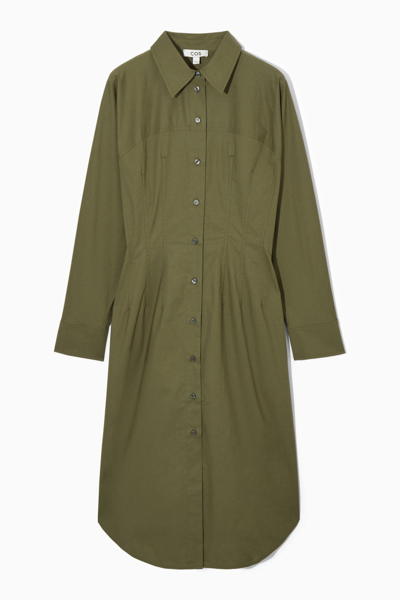 Cos Waisted Midi Shirt Dress In Green