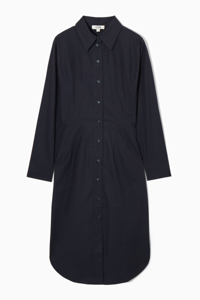 Cos Waisted Midi Shirt Dress In Blue