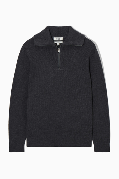 Cos Wool And Cotton-blend Half-zip Jumper In Blue Dark