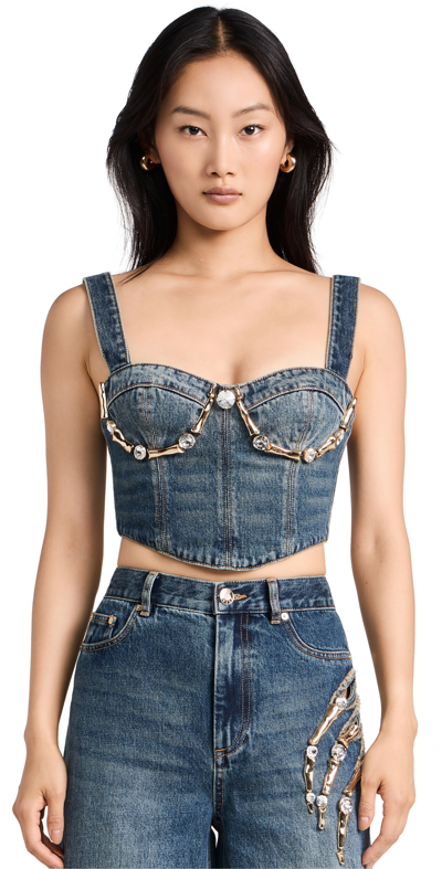 Area Embellished Claw Cup Denim Bustier In Vintage Indigo