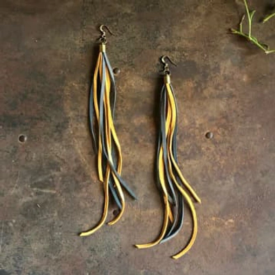 Astali Gold & Charcoal Leather Tassel Earrings