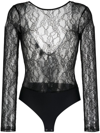 Pinko Chantilly Lace Long-sleeve Bodysuit In Black