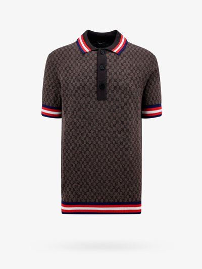 Balmain Monogram Printed Short Sleeved Polo Shirt In Brown