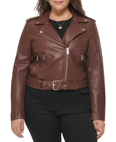 Levi's Plus Size Faux Leather Belted Motorcycle Jacket In Burgundy