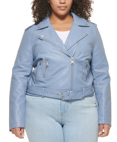 Levi's Plus Size Faux Leather Belted Motorcycle Jacket In Country Blue