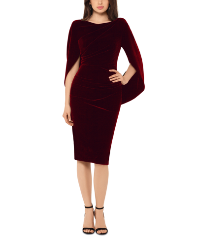 Betsy & Adam Petite Velvet Cape-sleeve Drape-back Dress In Burgundy