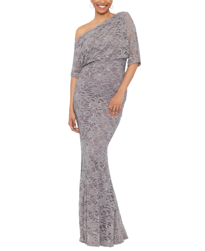 Betsy & Adam Women's Sequined Lace Asymmetric-neck Gown In Taupe