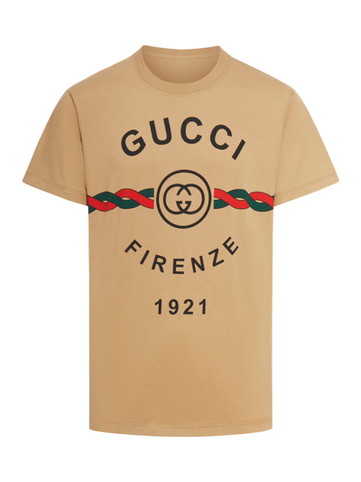 Gucci Logo Printed Cotton T-shirt In Brown