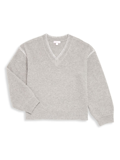 Design History Kids' Girl's Ribbed Knit V-neck Sweater In Grey Heather