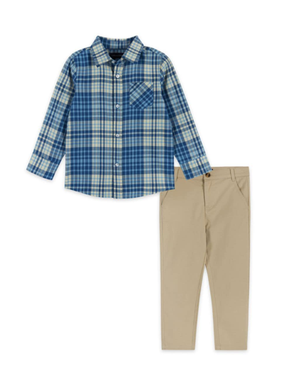 Andy & Evan Kids' Boy's Plaid Ultra Soft Button Down Shirt & Trousers Set In Blue Cream