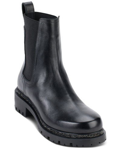 Dkny Rick Womens Short Lug Sole Motorcycle Boots In Black Leather