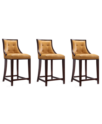 Manhattan Comfort Fifth Ave Counter Stool, Set Of 3 In Pearl White,walnut