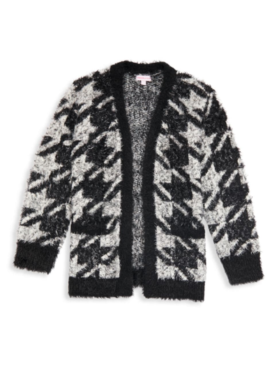 Design History Girl's Houndstooth Knit Cardigan In Black Combo