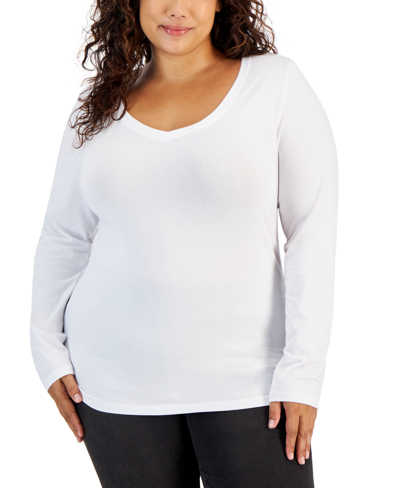 Aveto Trendy Plus Size Long-sleeve V-neck T-shirt In Bright White