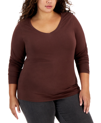 Aveto Trendy Plus Size Long-sleeve V-neck T-shirt In Chicory Coffee