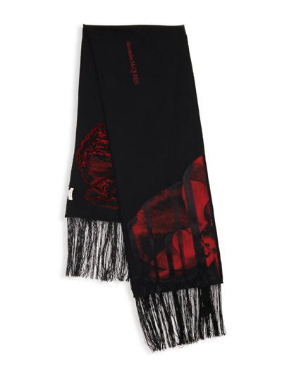 Alexander Mcqueen Intarsia-knit Logo Fringed Scarf In Black Red