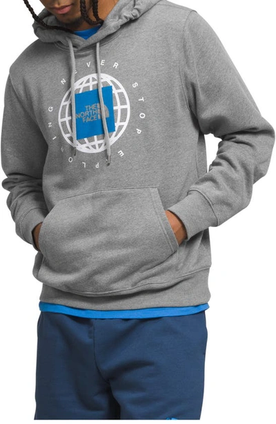 The North Face Never Stop Exploring Logo Graphic Hoodie In Tnf Grey Heather/ Optic Blue