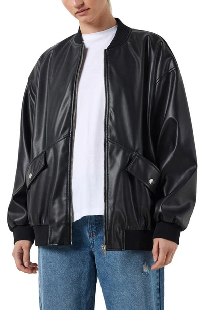 Noisy May Ronja Faux Leather Bomber Jacket In Black