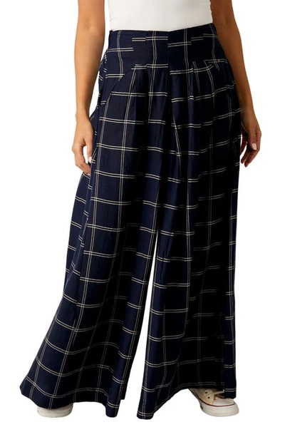 Free People Dance At Dusk Plaid Wide Leg Pants In Navy Combo