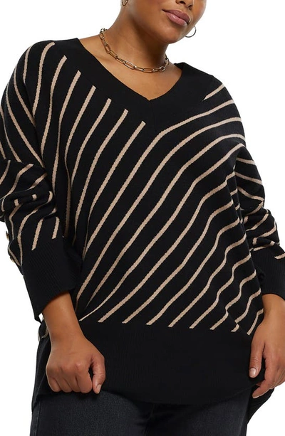 River Island Stripe Button Cuff V-neck Sweater In Black