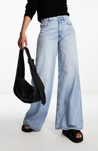 Asos Design Soft Wide Leg Jean In Mid Blue