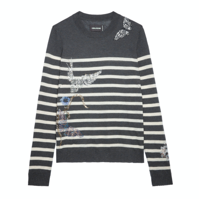 Zadig & Voltaire Source Diamante Cashmere Cp Stripe Holly Sweater In Ardoise