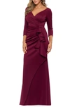 Xscape Ruched Scuba Ruffle Gown In Wine