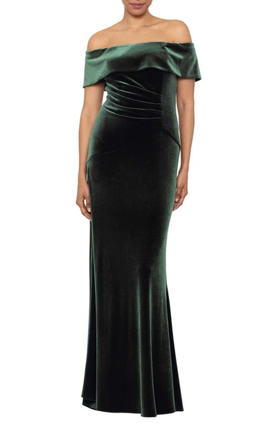 Xscape Off-the-shoulder Velvet Gown In Hunter