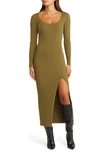 Open Edit Scoop Neck Long Sleeve Rib Sweater Dress In Olive Sphagnum