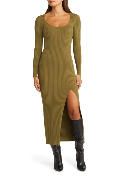 Open Edit Scoop Neck Long Sleeve Rib Jumper Dress In Olive Sphagnum