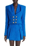 Balmain Collarless Tweed Double-breasted Crop Jacket In 6kh Cobalt