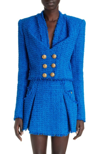Balmain Collarless Tweed Double-breasted Crop Jacket In Blue