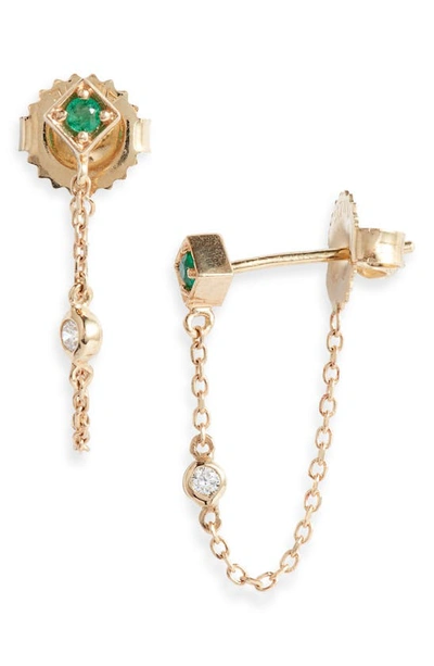 Anzie Women's Cléo Rhombus Chain 14k Yellow Gold, 0.06 Tcw Diamond & Emerald Drop Earrings