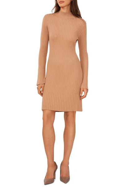 Halogen Mock Neck Long Sleeve Rib Sweater Dress In Camel