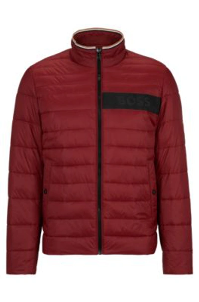 Hugo Boss Water-repellent Padded Jacket With 3d Logo Tape In Dark Red