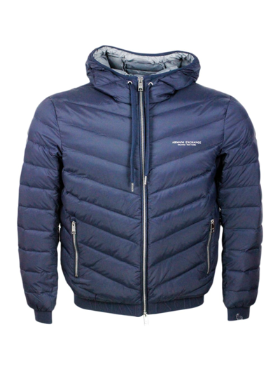 Armani Collezioni Light Down Jacket In Real Goose Down With Integrated Hood And Logoed Elastic At The Bottom In Blu