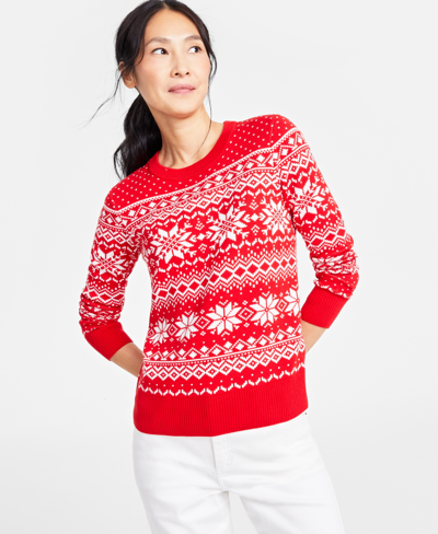 Charter Club Holiday Lane Women's Festive Fair Isle Snowflake Sweater, Created For Macy's In Ravishing Red Combo