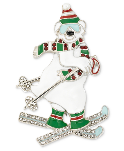 Holiday Lane Silver-tone Multicolor Pave & Imitation Pearl Ski Bear Pin, Created For Macy's
