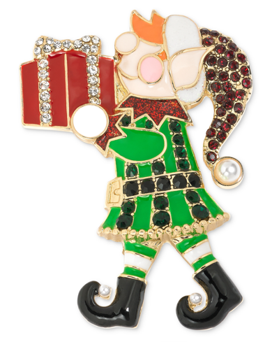 Holiday Lane Gold-tone Multicolor Crystal Elf Pin, Created For Macy's