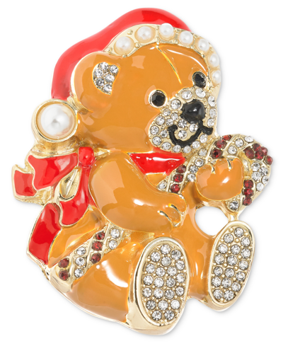 Holiday Lane Gold-tone Pave & Imitation Pearl Teddy Bear Pin, Created For Macy's In Multi