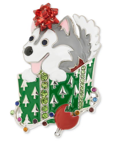Holiday Lane Silver-tone Crystal Puppy Present Pin, Created For Macy's In Multi