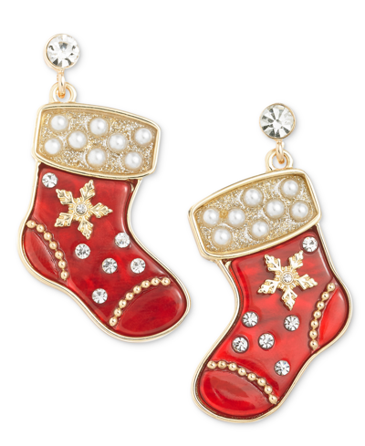 Holiday Lane Gold-tone Pave & Imitation Pearl Stocking Drop Earrings, Created For Macy's In Multi