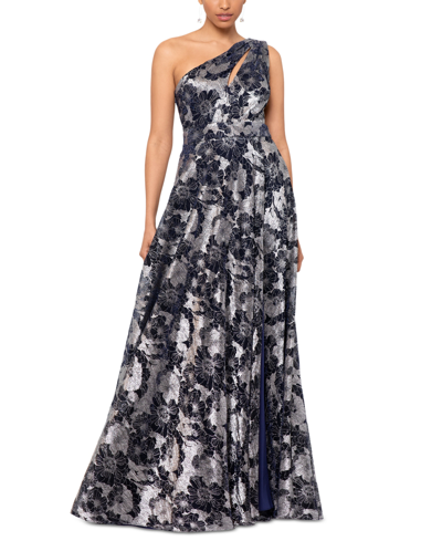 Betsy & Adam Petite One-shoulder Metallic Floral Jacquard Gown In Navy Gold